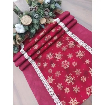 Vánoční dekorace Běhoun vánoční - zlaté vločky na vínové v kombinaci s vínovým mramorem