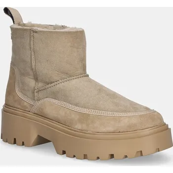 Dámské kozačky Semišové boty Tommy Hilfiger REAL SHEARLING PULLON dámské, béžová barva, na plochém podpatku, zateplené, FW0FW08997 80X, EUR 38