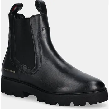 Dámská zimní obuv Kožené kotníkové boty Tommy Hilfiger TH LTHR LOW CHELSEA dámské, černá barva, na plochém podpatku, FW0FW08775 99X, EUR 36