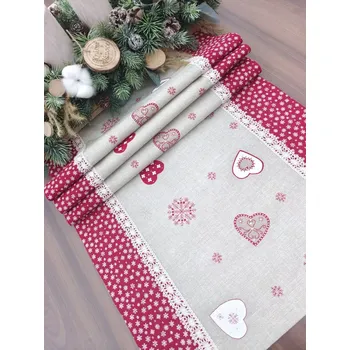 Vánoční dekorace Běhoun vánoční - srdíčka na béžové v kombinaci s bílými vločkami na vínové