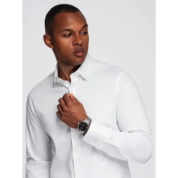 Pánská košile Klasická pánská košile SLIM FIT ze saténové tkaniny - bílá V1 OM-SHOS-0176 - M