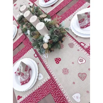 Vánoční dekorace Vánoční sada - jídelní sada pro 4 osoby - srdíčka na béžové v kombinaci s bílými vločkami na vínové