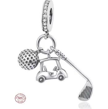 Přívěsek Charm Sterlingové stříbro 925 Golfová vášeň 3v1 - hůl, míček a vozík, přívěsek na náramek sport