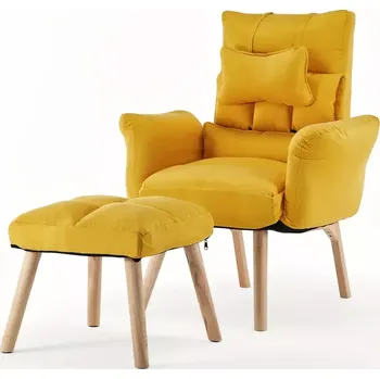 Křeslo Křeslo relaxační, s podnožkou, polohovací, nohy dřevěné, látka žlutá, SAMY