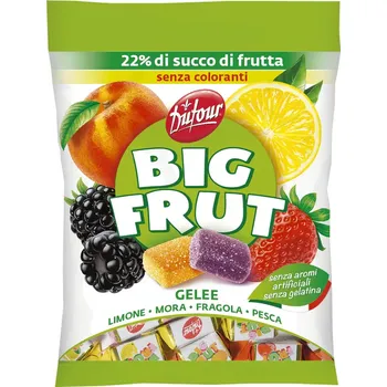 Bonbon Italské želé BIG FRUT 150 g středomořské ovoce - 22 % ovocné šťávy (pouze přírodní šťávy a aroma / ovocné želé s jahodovou, citronovou, ostružinovou a broskvovou šťávou)