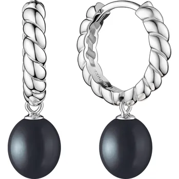 Náušnice ANNA PERLY Dámské visací náušnice z rhodiovaného stříbra s pravou černou sladkovodní perlou