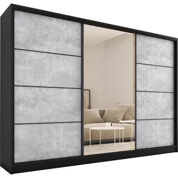 Šatní skříň Šatní skříň HARAZIA 250 se zrcadlem, 4 šuplíky a 2 šatními tyčemi, černý mat/beton +možnost VÝNOSU + vyzvednutí ZDARMA