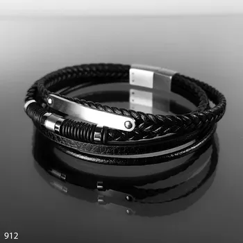 Náramek Exkluzivní pánský náramek z kůže a oceli, balený v dárkové krabičce č. 912