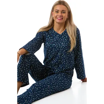 Dámské pyžamo Dámské TERMO hřejivé pyžamo tmavě modré s bílými kvítky a jemným listím 1B2253 modrá l