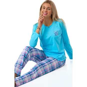 Dámské noční prádlo Dámské blankytně modré pyžamo Happiness s károvanými kalhotami 1B2258 modrá xl