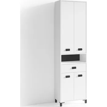 Koupelnový nábytek byLIVING WELLNESS vysoká koupelnová skříňka z bílého melaminu, černé kovové úchytky / Koupelnová skříňka 4 dveře s otevřenými prvky a spoustou úložného prostoru / š 54, v 193, hl 31 cm |
