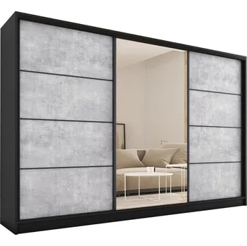 Šatní skříň Šatní skříň HARAZIA 280 se zrcadlem, 4 šuplíky a 2 šatními tyčemi, černý mat/beton +možnost VÝNOSU + vyzvednutí ZDARMA