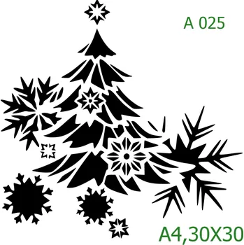 Plastová šablona pro malování - Vánoce - Vločky a strom (A025) - 30 x 30 cm , Nelepící folie