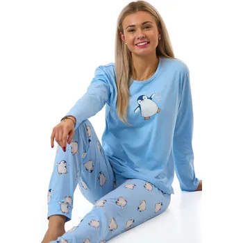Dámské pyžamo Dámské ledově modré zimní pyžamo s tučňákem 1B2287 modrá XL