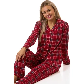 Dámské pyžamo Elegantní vínové zimní dámské pyžamo se šedým káro - teplé bavlněné 1B2305 červená xl