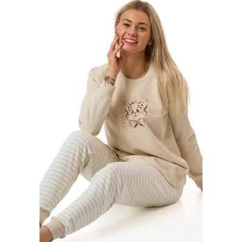 Dámské pyžamo Dámské pyžamo béžové s kočičí hlavou - teplé 1TB0100 béžová l