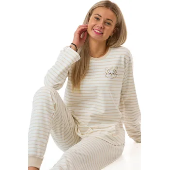 Dámské pyžamo Dámské pyžamo béžové s kočičí hlavou a pruhy - teplé 1TB0124 béžová xl