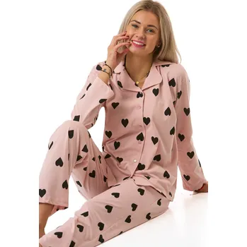 Dámské pyžamo Elegantní růžové dámské pyžamo s černými srdíčky 1B2282 růžová xl