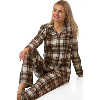 Dámské pyžamo Elegantní béžové dámské pyžamo s hnědým károvaným vzorem 1B2281 hnědá xl