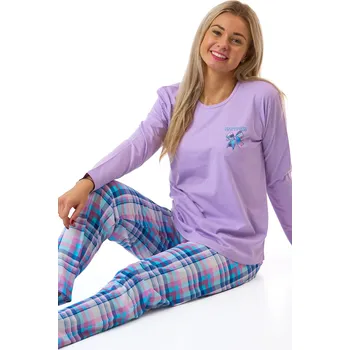 Dámské pyžamo Dámské fialové bavlněné pyžamo Happiness s károvanými kalhotami 1B2257 fialová s