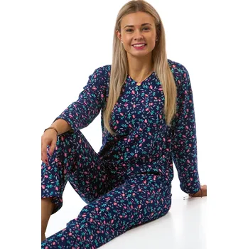 Dámské pyžamo Dámské TERMO pyžamo tmavě modré s růžovými květy a zeleným listím 1B2251 modrá m
