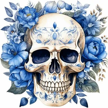 Nášivka Nažehlovačka Lebka s květy modré - 12 x 12 cm