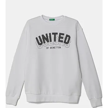 Chlapecká mikina Dětská bavlněná mikina United Colors of Benetton bílá barva, s kapucí, s potiskem, 3J68C10N2 3J68C10N2.G.Seasonal 00X, vel. 122