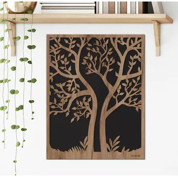 Obraz Dřevěná dekorace do bytu - strom v rámu, Dub tabákový / Černá | DUBLEZ
