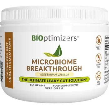 BiOptimizers Microbiome Breakthrough Vanilla – komplex pro zdraví střev a rovnováhu mikrobiomu (150 g) Přírodní směs s IgY Max®, probiotiky a prebiotiky pro podporu trávení, imunity a regenerace střevní bariéry.
