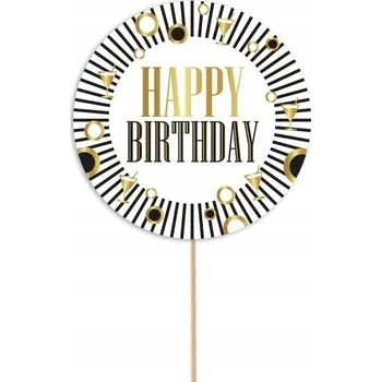 Obraz Zápich do dortu Happy Birthday černé proužky 20 cm