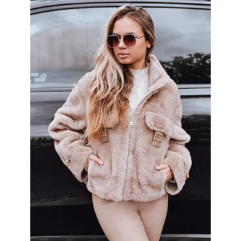 Oblečení a móda Béžový dámský kožíšek s ozdobnými klopami TY5248 Velikost: M