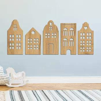 Obraz Dřevěné 3D domečky na stěnu (5 ks), Dub zlatý | DUBLEZ