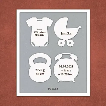 Obraz Tabulka se jménem a porodními údaji, Bílá / Stříbrná | DUBLEZ