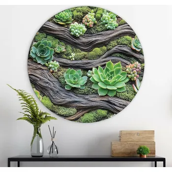 Obraz DUBLEZ Kulatý obraz ze dřeva - Sukulenty 22 x 22 cm