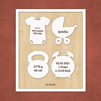 Obraz Tabulka se jménem a porodními údaji, Bílá / Javor | DUBLEZ