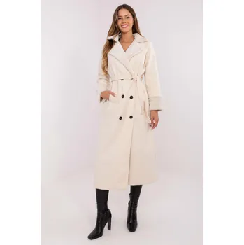 Dlouhý dvouřadý kabát s páskem a kožešinkou model 60201 barva ecru