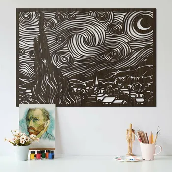 Obraz Dřevěný obraz Vincent van Gogh - Hvězdná noc, Wenge | DUBLEZ