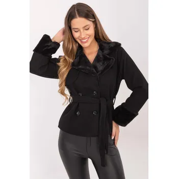 Krátký dvouřadý kabát s páskem a kožešinkou model 60805 černý