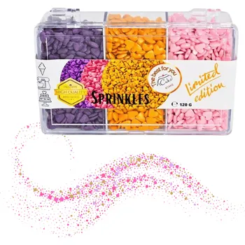 Jedlá dekorace na dort 4Cake Česká republika Cukrová srdíčka fialová, růžová perleťová a zlatá (120 g) ▹