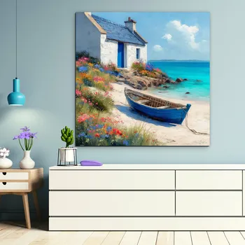 Obraz Modrý obraz na dřevě - Člun na pláži | DUBLEZ