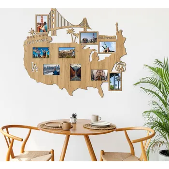 Obraz Dřevěný nástěnný fotorámeček - Mapa USA, Dub zlatý | DUBLEZ