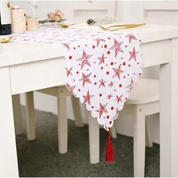 ubrus Vánoční běhoun bílý s červenými hvězdami Šerpa
