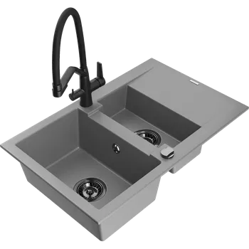 Granitový dřez Mexen Gaspar granitový dřez 1,5-komorový s odkapávačem a kuchyňskou baterií Duo, šedý - 6507-71-671701-70-B Granitové dřezy s baterií