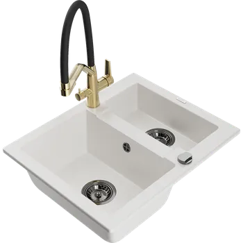 Granitový dřez Mexen Carlos granitový dřez 1,5-komorový s kuchyňskou baterií Duo, bílý - 6518-20-671701-57-B Granitové dřezy s baterií