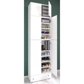 Botník Vcm Botník Lona XXL s 9 přihrádkami, otočné dveře s nástavcem a zásuvkou, bílý