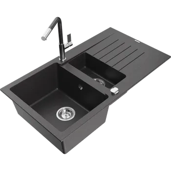 Granitový dřez Mexen Matias granitový dřez 1,5-komorový s odkapávačem a kuchyňskou baterií Flora, černý nakrapený - 6502-76-670401-08 Granitové dřezy s baterií