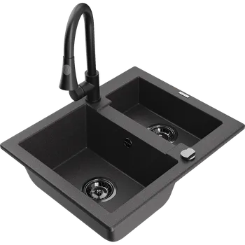 Granitový dřez Mexen Carlos granitový dřez 1,5-komorový s kuchyňskou baterií Elia, černý skvrnitý - 6518-76-670101-70-B Granitové dřezy s baterií