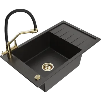Granitový dřez Mexen Elias granitový dřez 1-komorový s odkapávačem a kuchyňskou baterií Duo, černý/zlatý metalik - 6511-75-671701-57-G Granitové dřezy s baterií