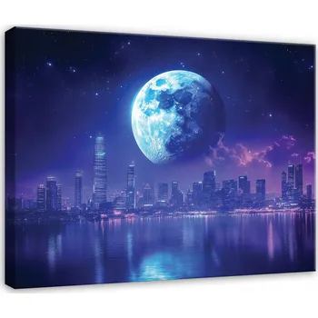 Obraz OBRAZ MĚSTO MĚSÍC NOC PANORAMA DO LOŽNICE OBÝVÁKU NA PLÁTNĚ 100x70