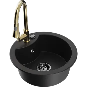 Granitový dřez Mexen Diego granitový dřez 1-komorový s kuchyňskou baterií Elia, černý - 6512-77-670101-50-B Granitové dřezy s baterií